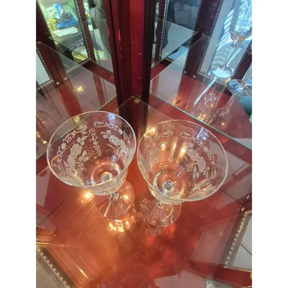 Fostoria Midnight Rose Water Glasses Etched Vintage Fine Quality 1933 Set of 2